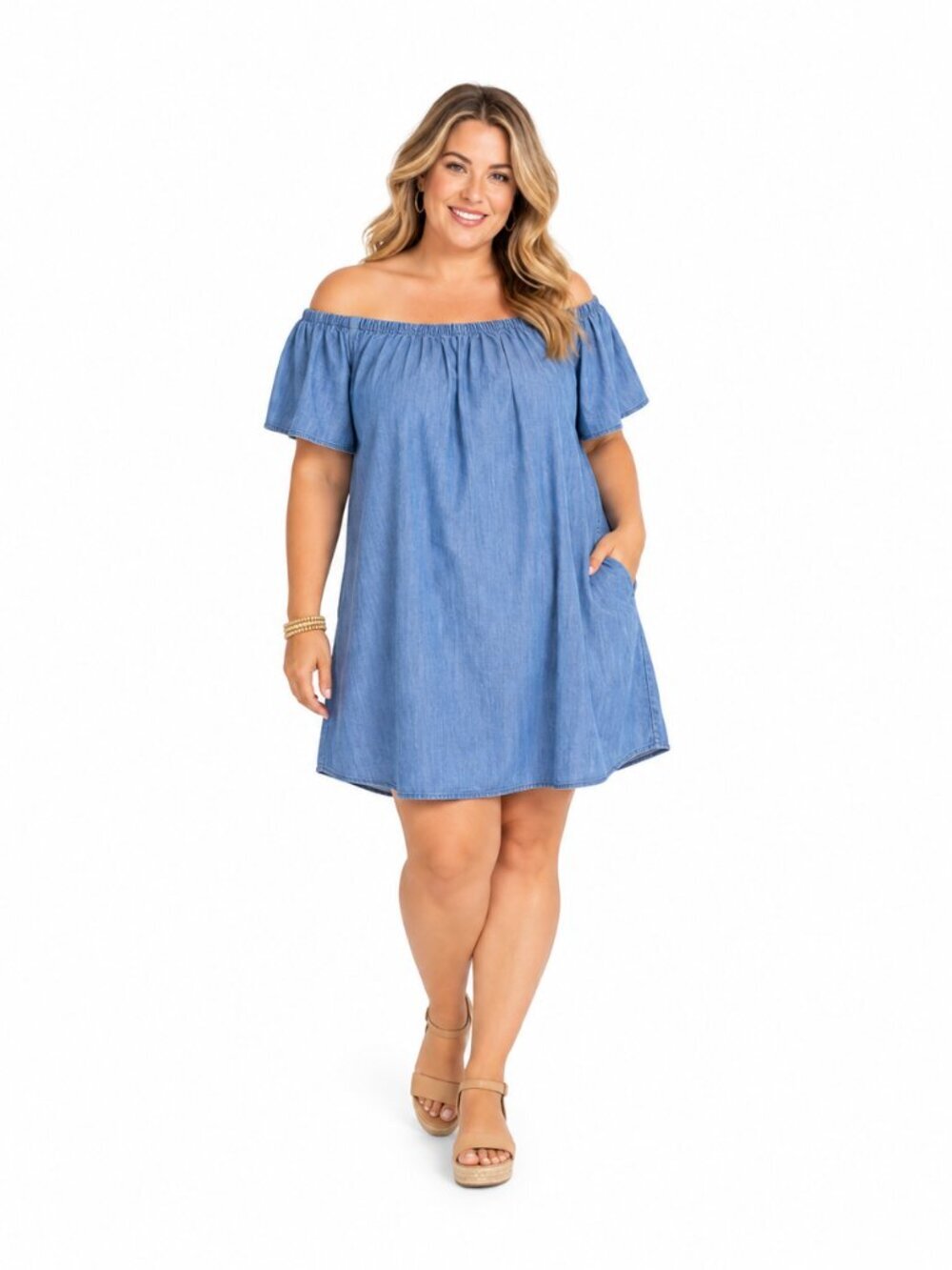 Merona Womens XXL Blue Chambray Off Shoulder Cotton Peasant Dress Boho